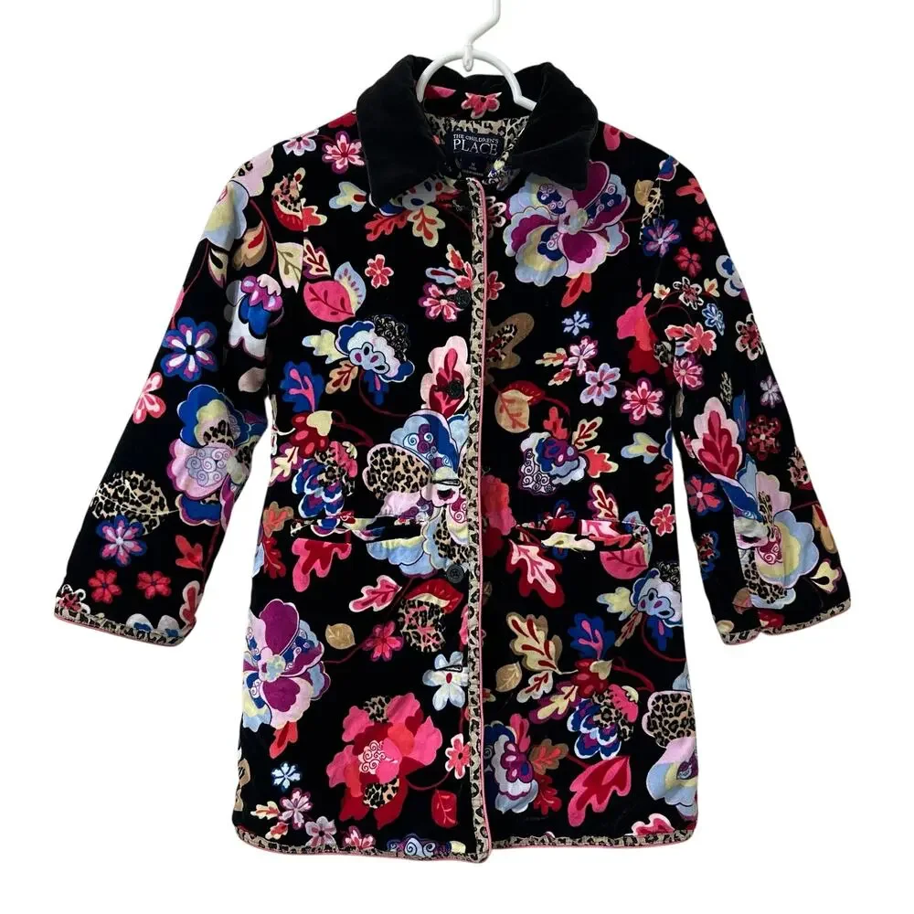 The Childrens Place Girls Medium 7/8 Velvet Floral Button Jacket Leopard Lining